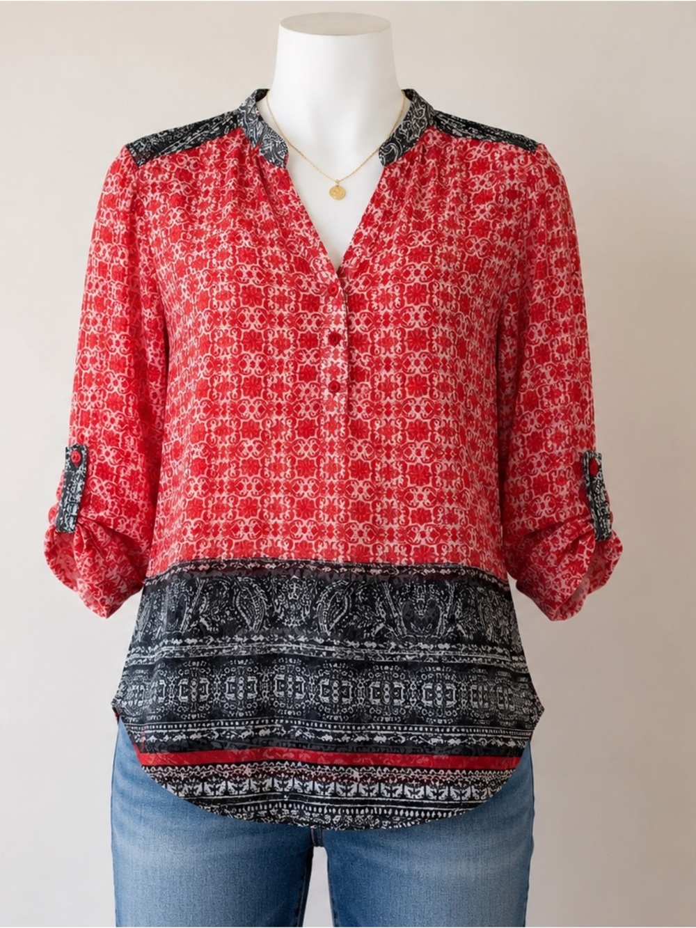 Boho Red Black Mixed Print High Low Tunic Blouse Roll Tab Sleeve
